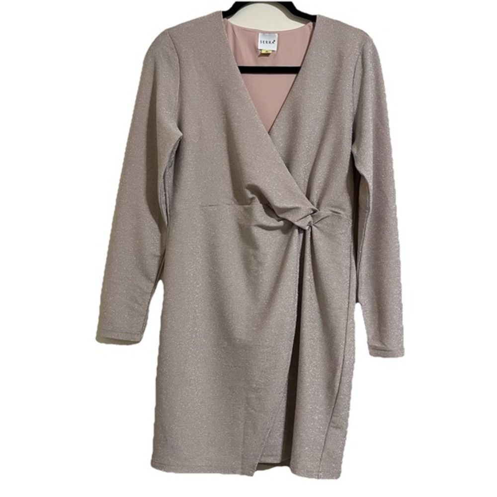 Womens Shimmer Faux Wrap Dress Small Pink Long‎ Sleeve Cocktail Holiday Wedding